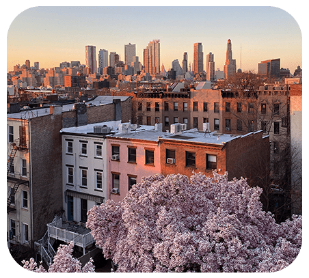 Brick buildings and skyline in Brooklyn, New York.